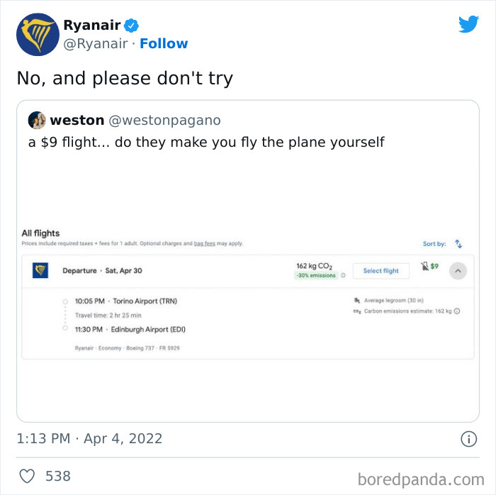 Ryanair social media post roasting a $9 flight with a humorous reply about flying the plane yourself.