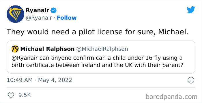 Ryanair's savage social media roast, replying to a query about child travel between Ireland and the UK.