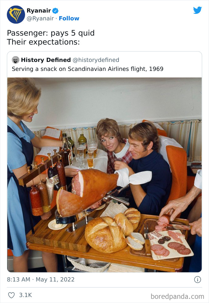 Ryanair's social media roast with a vintage photo of lavish in-flight dining on Scandinavian Airlines in 1969.