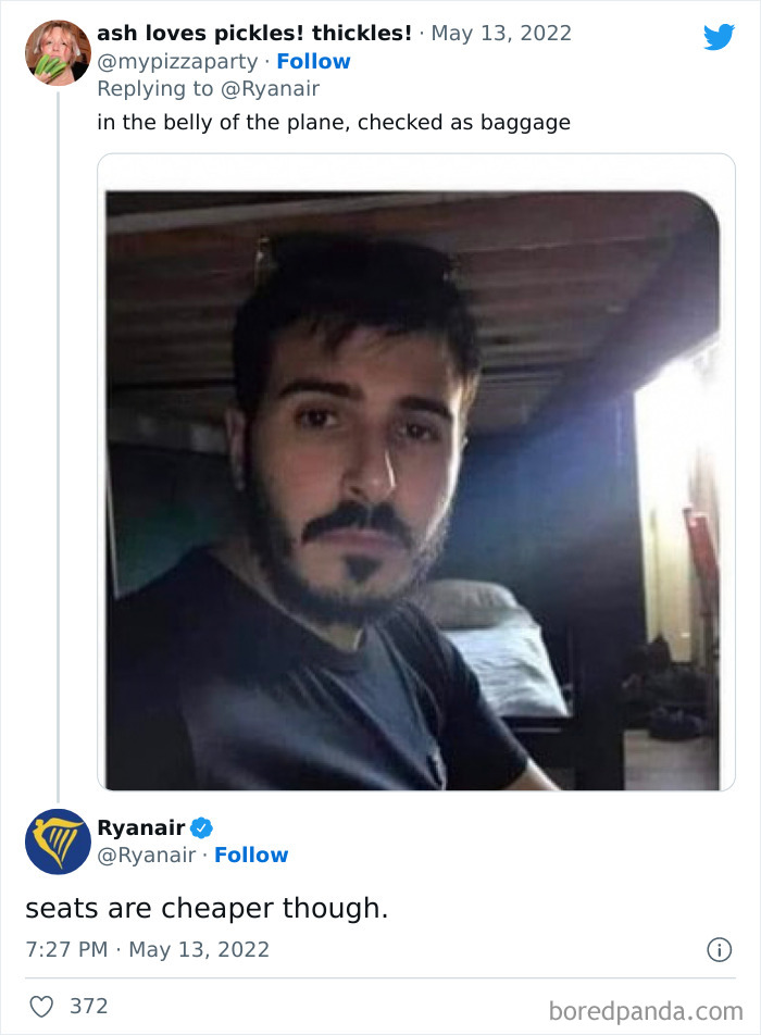 Man responding to Ryanair with a roast tweet, Ryanair replies humorously about cheaper seats.