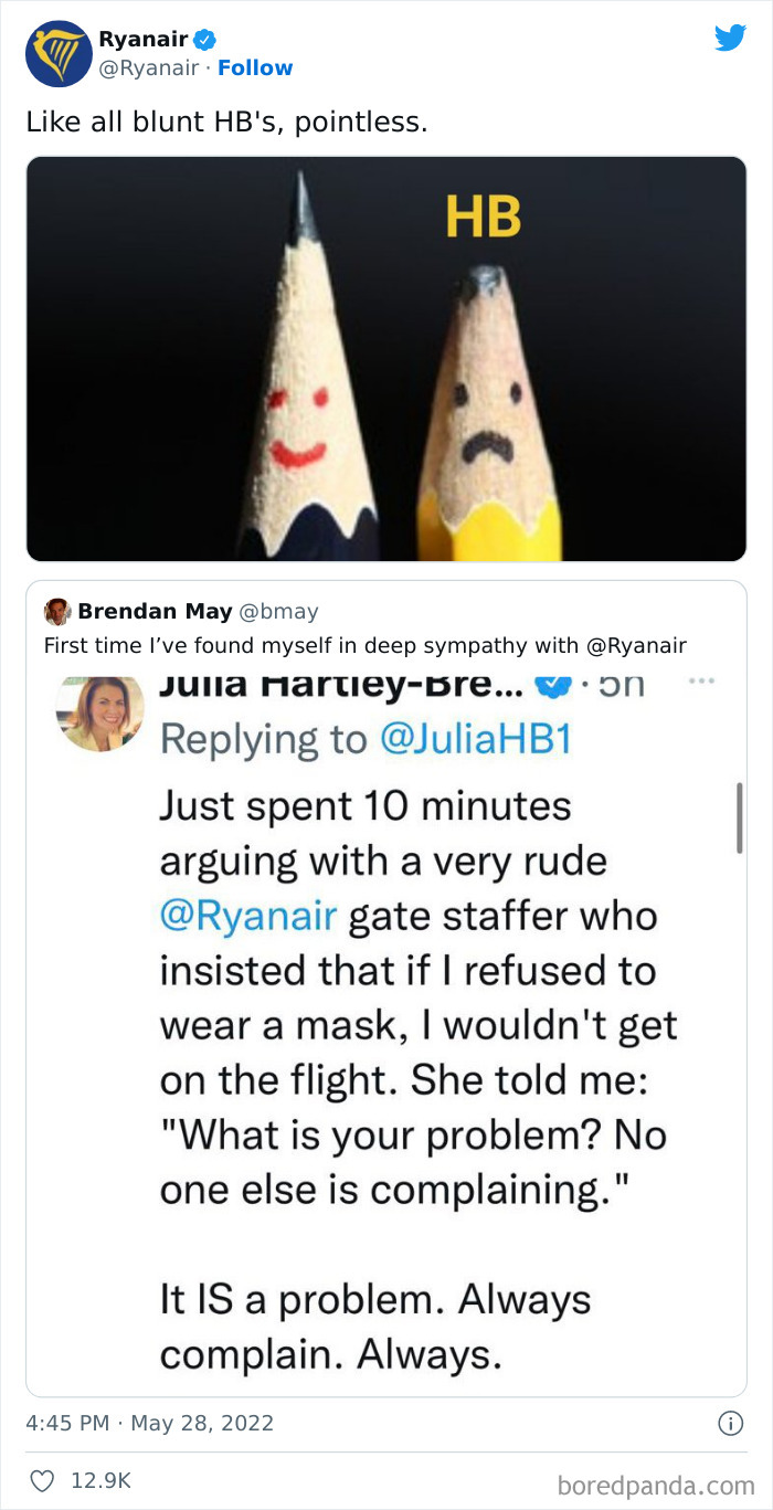 Ryanair's social media roast with blunt HB pencils joke and critical tweet exchange.