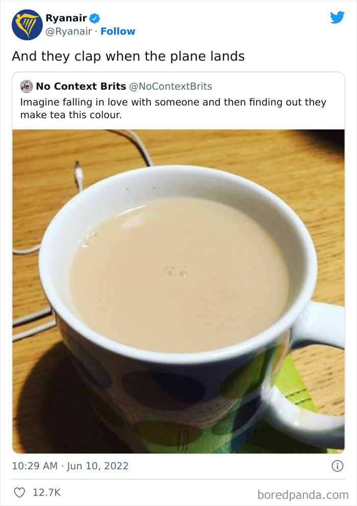 Ryanair social media roast about tea color and clapping when the plane lands.