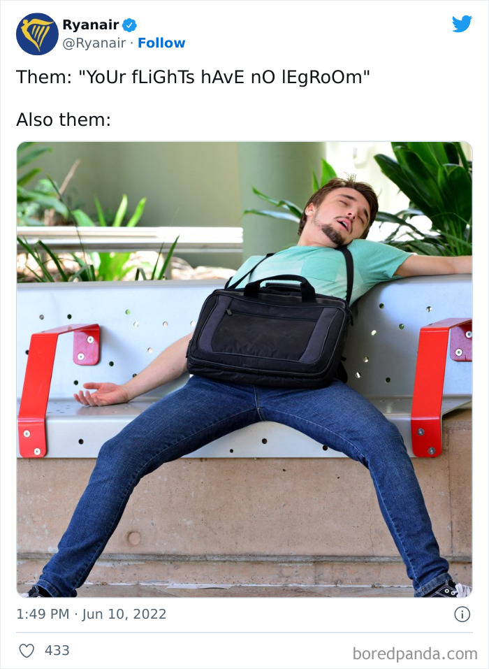 Young man sprawled awkwardly across a bench illustrating one of the most savage Ryanair social media roasts about flight legroom.