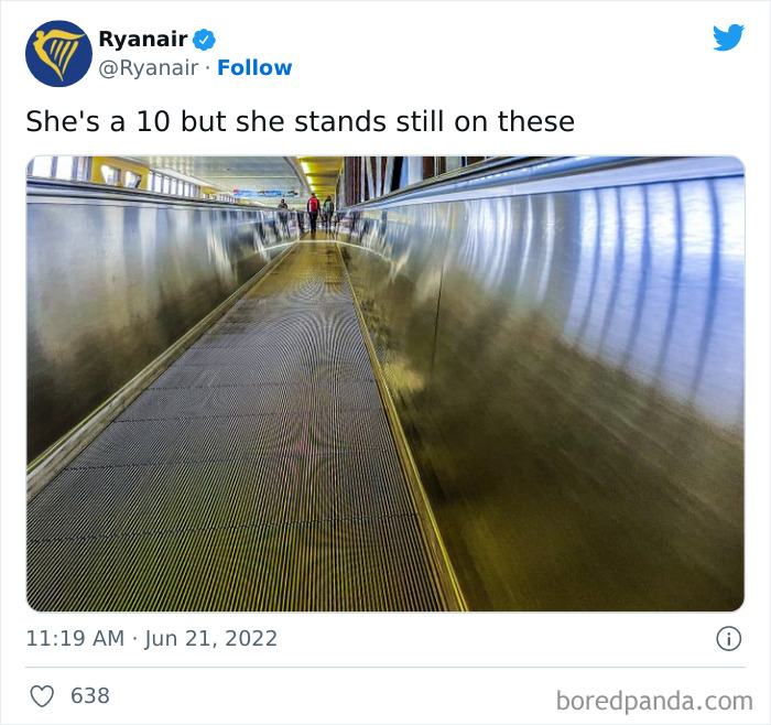 Ryanair tweet showing an empty moving walkway at an airport illustrating savage roasts from Ryanair's social media.