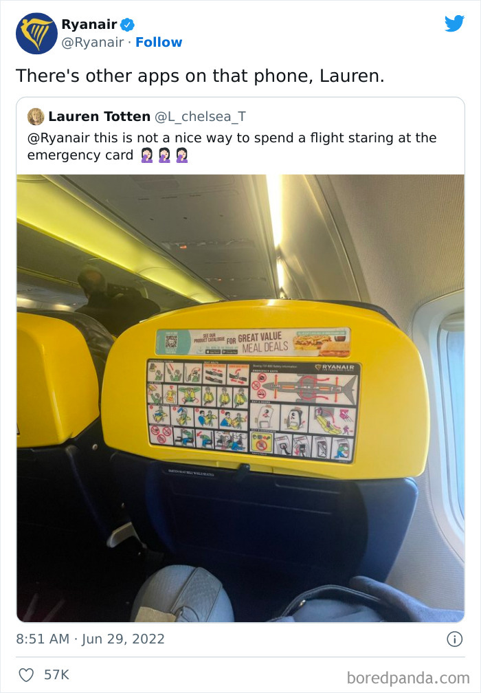 Ryanair social media roast of a passenger tweet about emergency card on a plane seat back.
