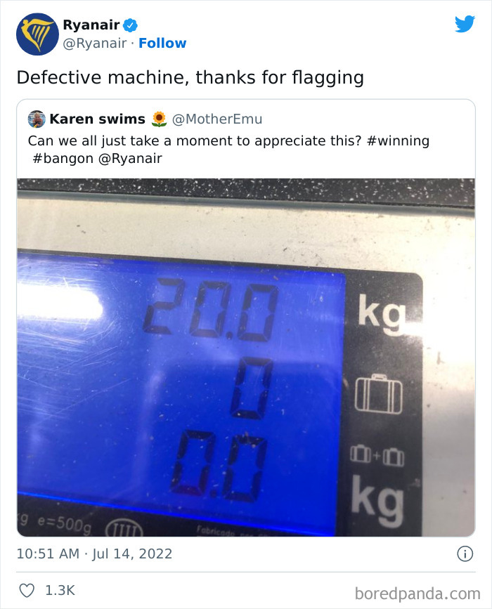 "Ryanair's social media roast of a luggage scale showing 20.0 kg, highlighting humor in defective equipment."