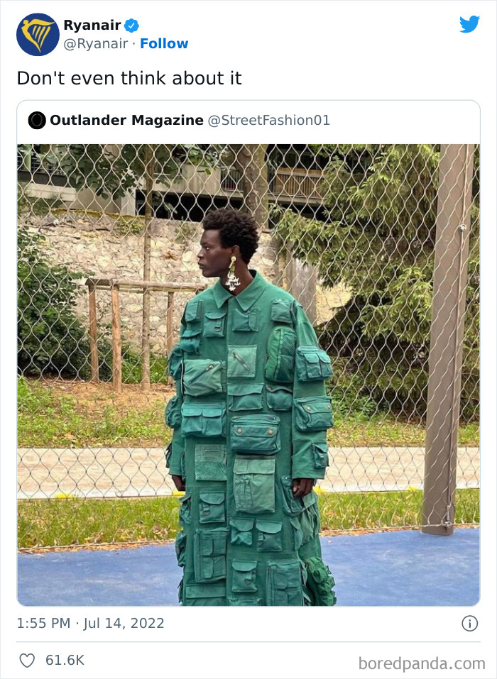 Ryanair's savage roast tweet featuring a person in a green outfit with multiple pockets.