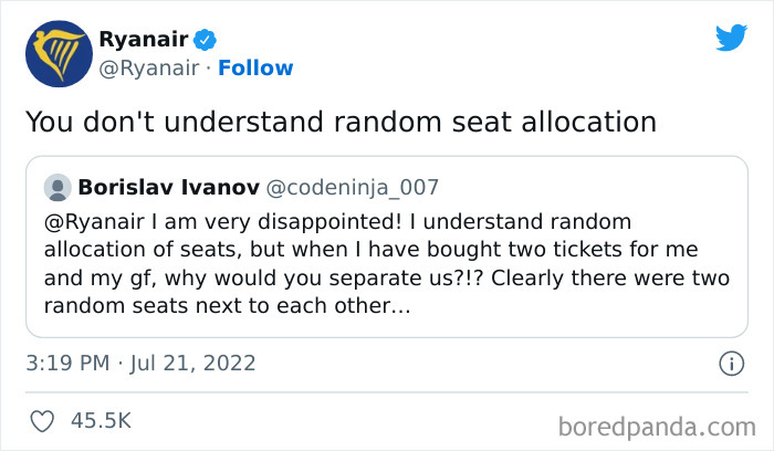Ryanair's savage social media response about random seat allocation to a disappointed customer tweet.