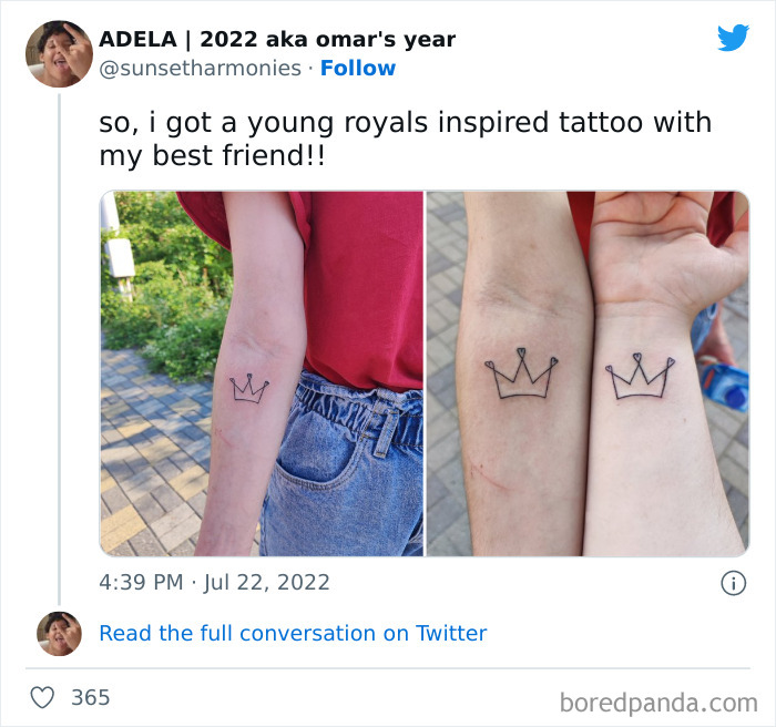 Matching crown BFF tattoos on forearms, symbolizing friendship.