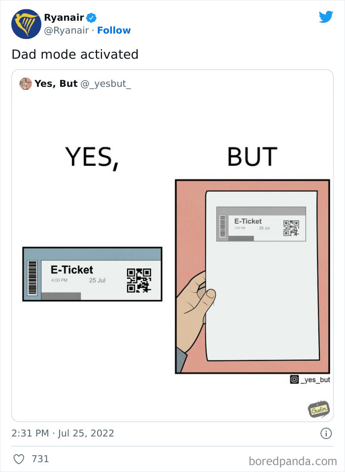 Ryanair tweet showing a comic roast comparing a small e-ticket with a large printed e-ticket as a savage social media roast.