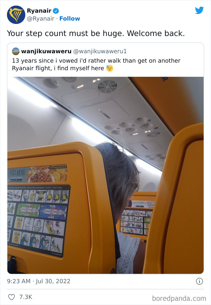 Ryanair social media post showing a passenger seated inside an airplane cabin with yellow seat backs and safety instructions visible.