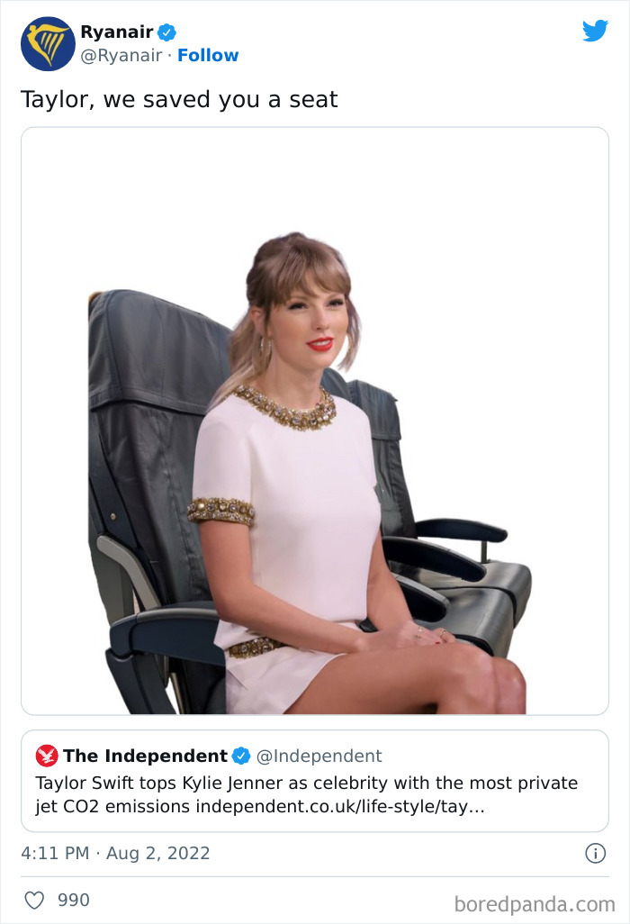 Ryanair savage roast tweet with edited image of Taylor Swift sitting on airplane seats mocking social media humor.