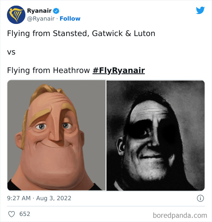 Ryanair tweet comparing flights from Stansted, Gatwick, Luton versus Heathrow with humorous face images for savage social media roasts.