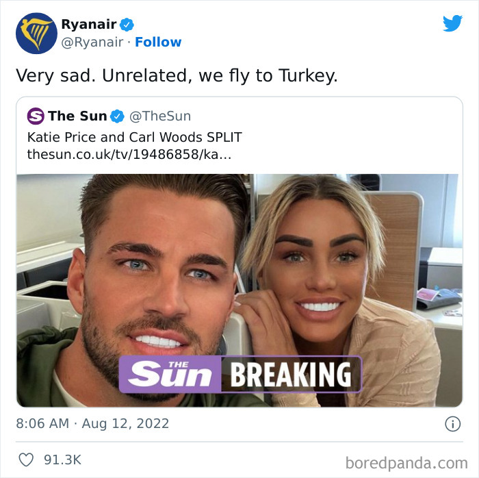 Ryanair's social media post with a roast about flying to Turkey after celebrity breakup news.