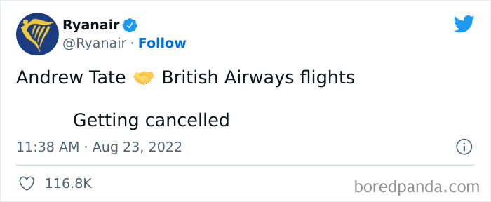 Screenshot of a Ryanair tweet roasting British Airways flights as getting cancelled, showcasing savage social media humor.