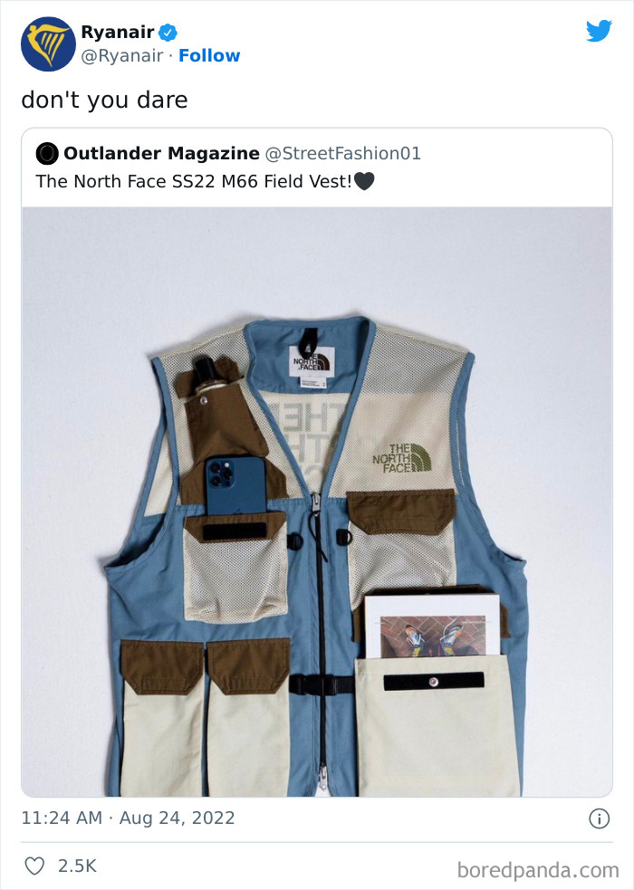 Ryanair savage roast on social media featuring a tweet with a multi-pocket North Face field vest and humorous caption.