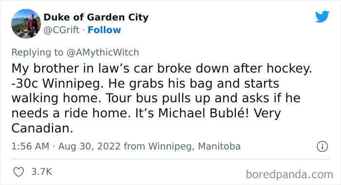 Tweet about a family story involving a brother-in-law’s car breaking down and a chance encounter in Winnipeg.