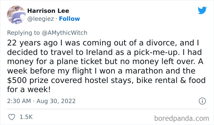 Twitter post sharing a stranger than fiction story about winning a marathon and traveling during a life change.