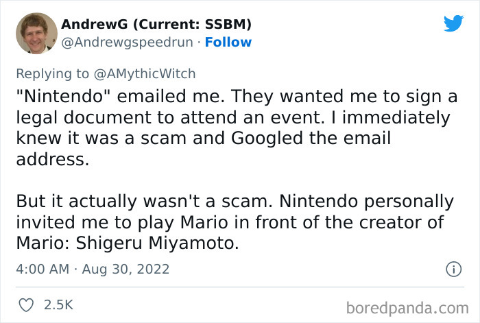 Tweet about a surprising personal story involving Nintendo and a viral Twitter thread on stranger than fiction stories.