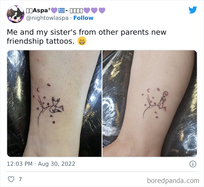 Matching best friend tattoos of a fox and a figure sitting on a planet, symbolizing friendship and connection.