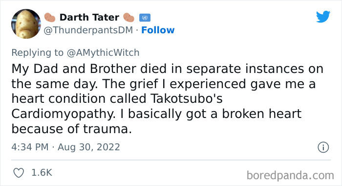 Tweet text about grief causing a heart condition, illustrating stranger than fiction stories from viral Twitter thread.