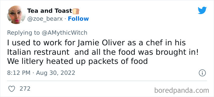 Tweet discussing working as a chef at Jamie Oliver's Italian restaurant, part of stranger than fiction stories viral thread.