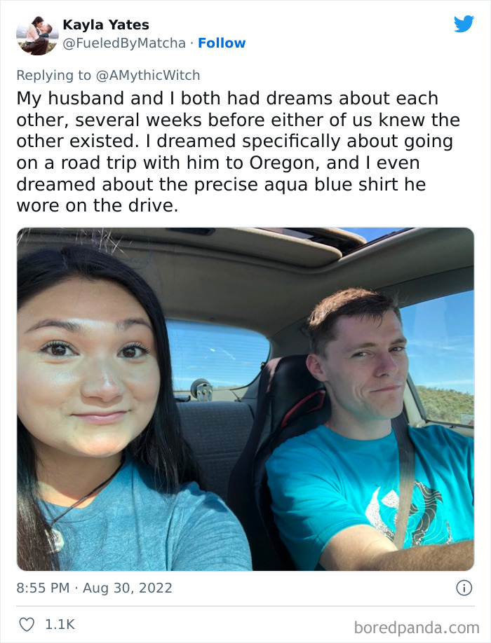 Couple in a car sharing a story from a viral Twitter thread about stranger than fiction family experiences in Ohio.