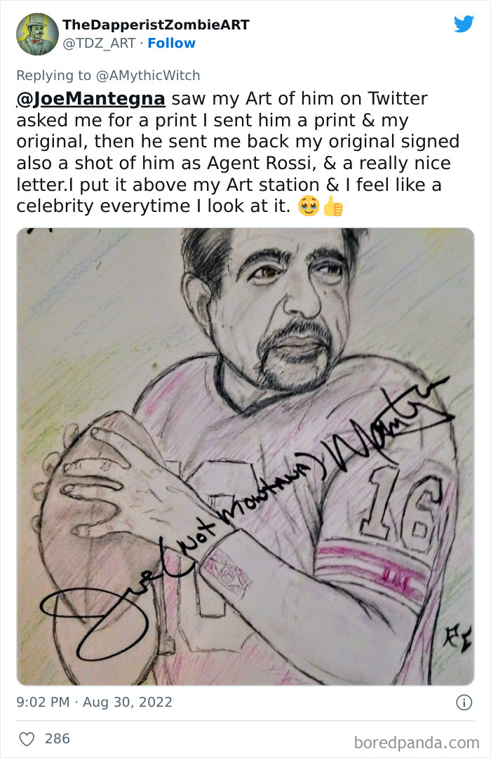Sketch of a man holding a football, signed by Joe Mantegna, shared in a viral Twitter thread about stranger than fiction stories.