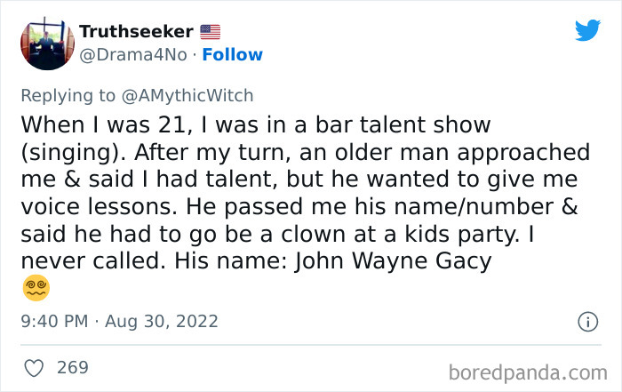 Tweet sharing a stranger than fiction story involving a creepy encounter at a bar talent show in Ohio.