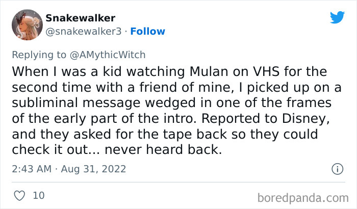 Screenshot of a viral Twitter story sharing a stranger than fiction experience about a subliminal message in a Mulan VHS tape.