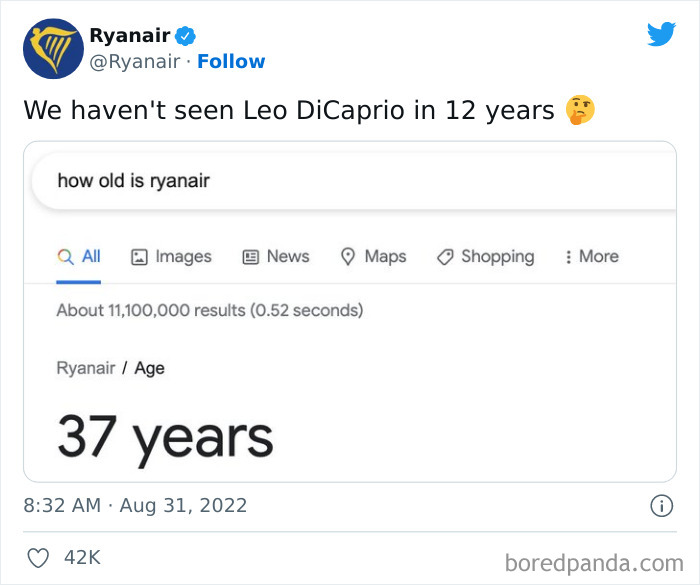 Ryanair tweet roasting age with a playful quip about Leo DiCaprio.