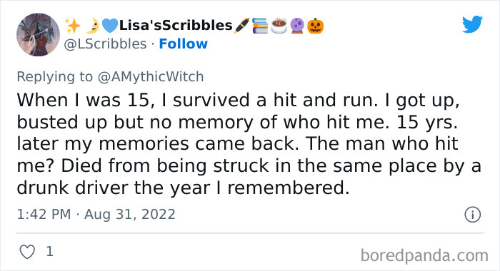 Tweet sharing a stranger than fiction story about surviving a hit and run in a viral Twitter thread.