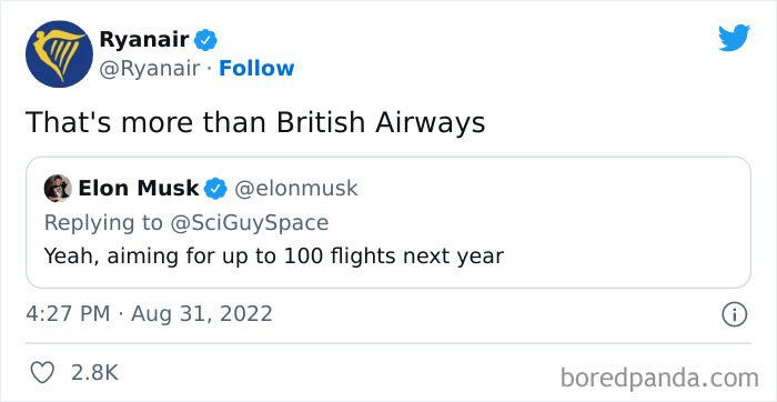 Ryanair tweet roasting British Airways in a social media exchange about flight numbers and competition.
