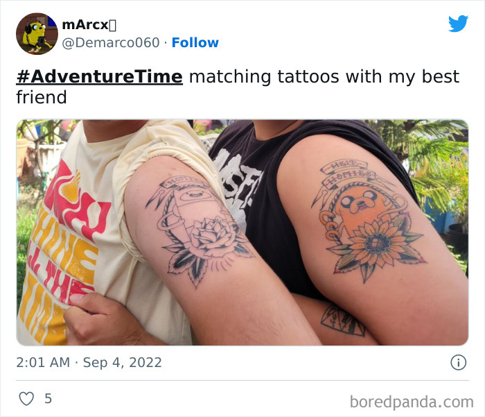 BFF tattoo ideas: friends showing matching Adventure Time themed arm tattoos.