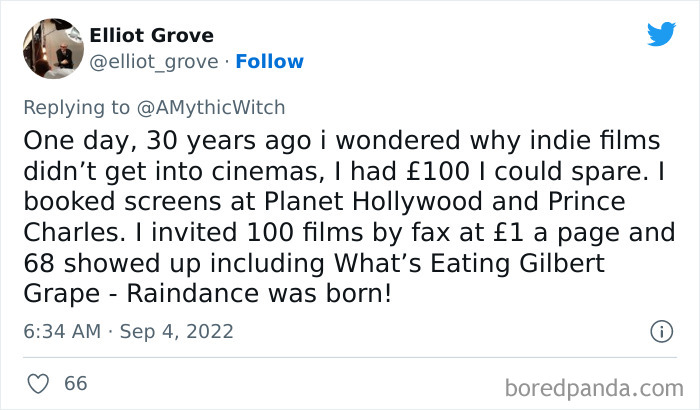 Tweet about booking indie film screenings leading to the creation of Raindance in stranger than fiction stories.