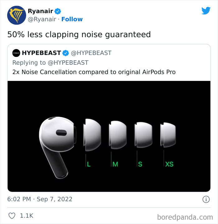 Ryanair tweet roasting noise cancellation with image of AirPods Pro ear tips in different sizes on black background.