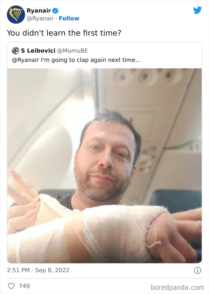 Man on a plane with a bandaged hand, part of a Ryanair social media roast.
