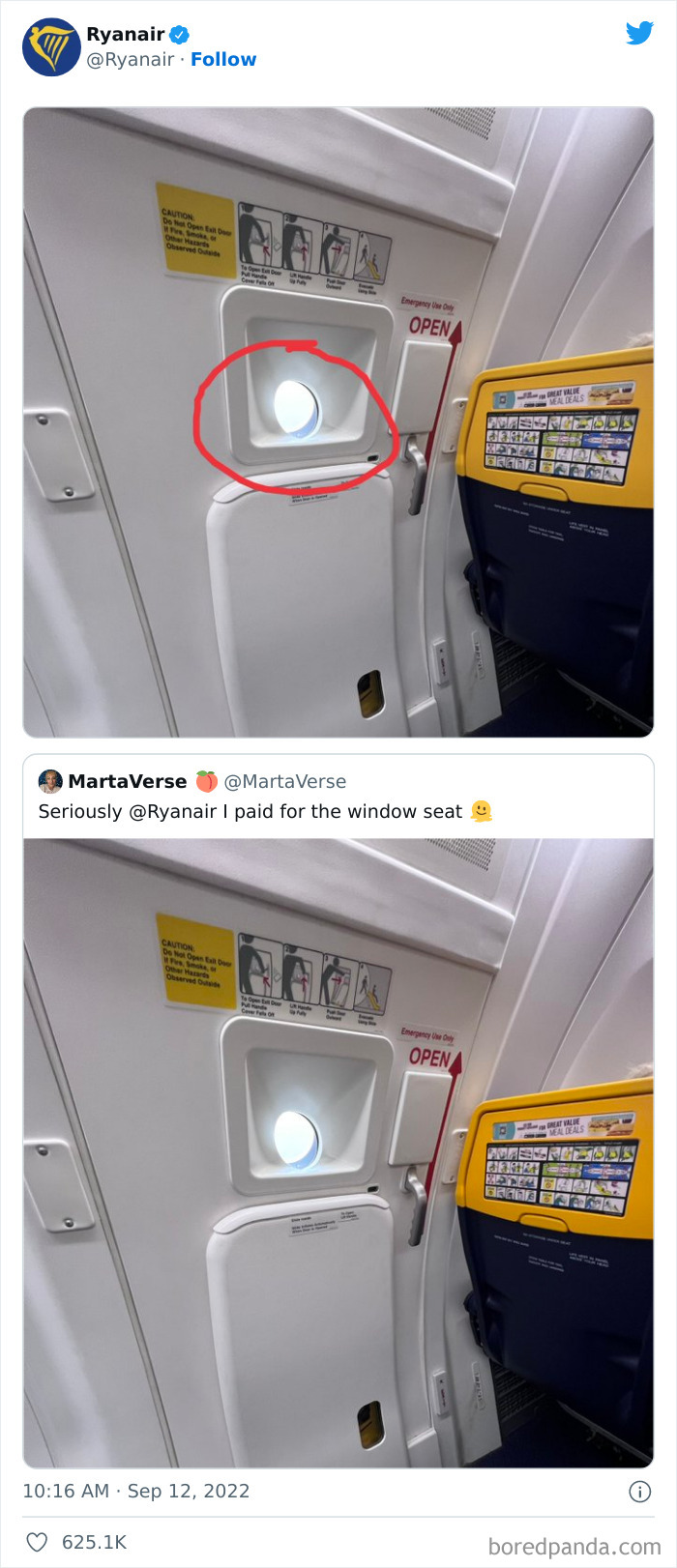 Ryanair's savage roast of passenger's window seat complaint on social media.