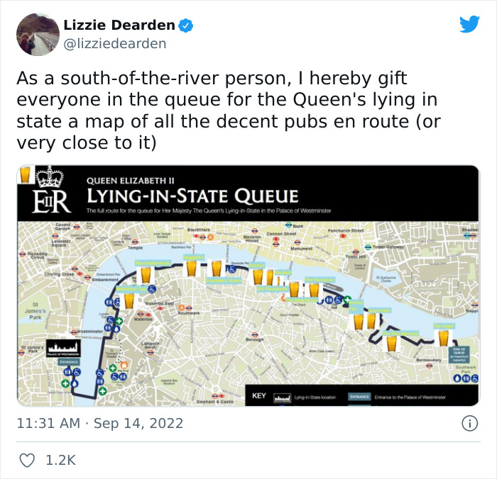 Map showing the very British queue route throughout London for the Queen lying in state at Westminster with pub stops.