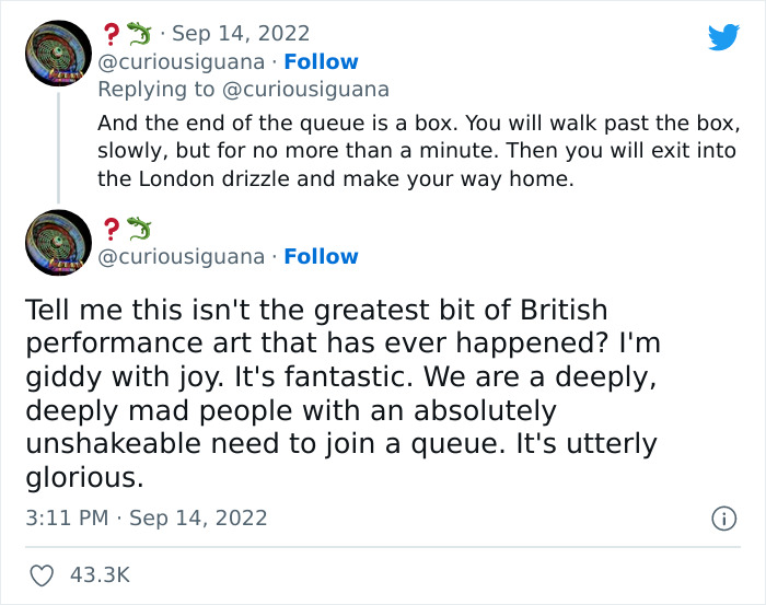 Tweet about the British queue culture and reactions to the London queue to see the Queen in state at Westminster.
