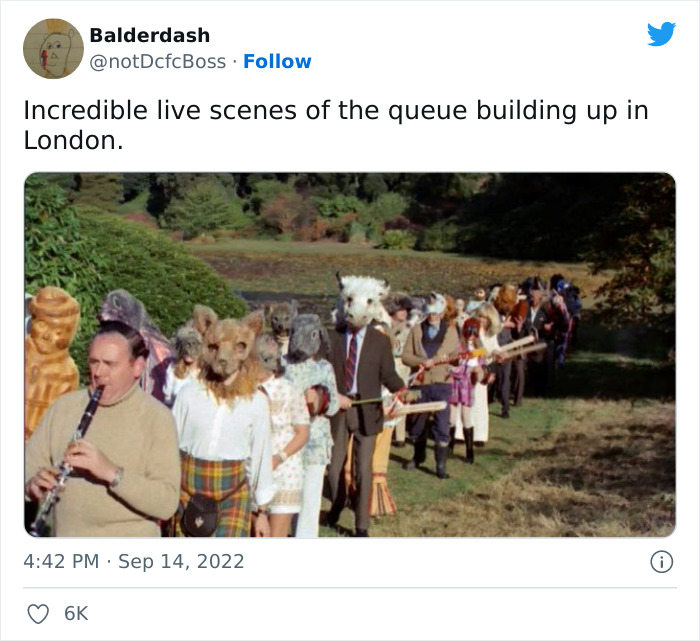 People in animal masks forming a quirky queue outdoors, representing British queue humor in London.