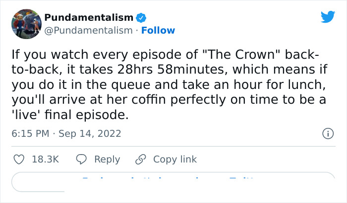 Tweet about watching The Crown back-to-back while queuing in London, related to British queue memes and reactions.