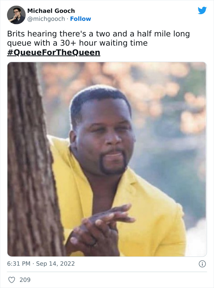 Man in yellow jacket peeking from behind tree, representing reactions to the British queue for the Queen in London.