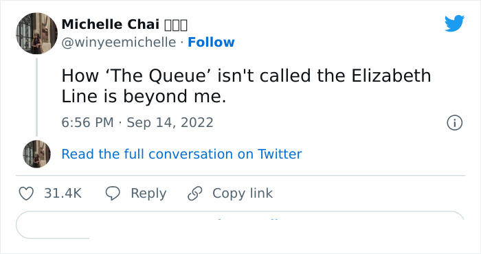 Tweet by Michelle Chai humorously commenting on the British queue, relating to memes and reactions about the London queue for the Queen.