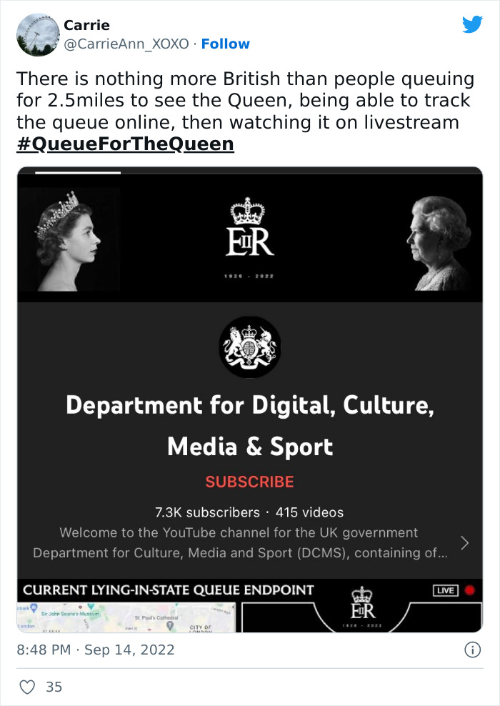 Screenshot of UK government YouTube channel showing live tracking of the very British queue for the Queen in London.