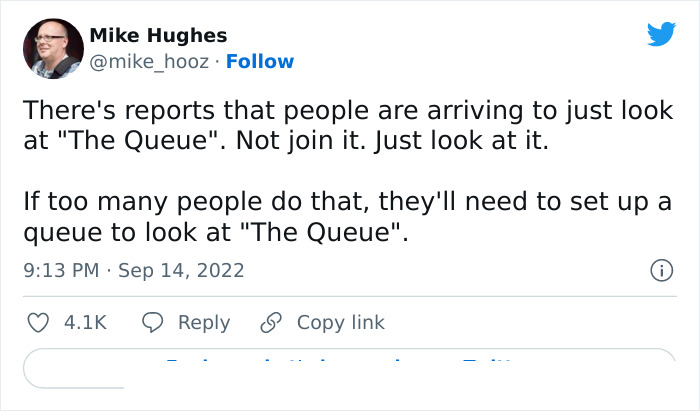Tweet humor about very British queue in London, highlighting public reactions to the queue to see the Queen in state.