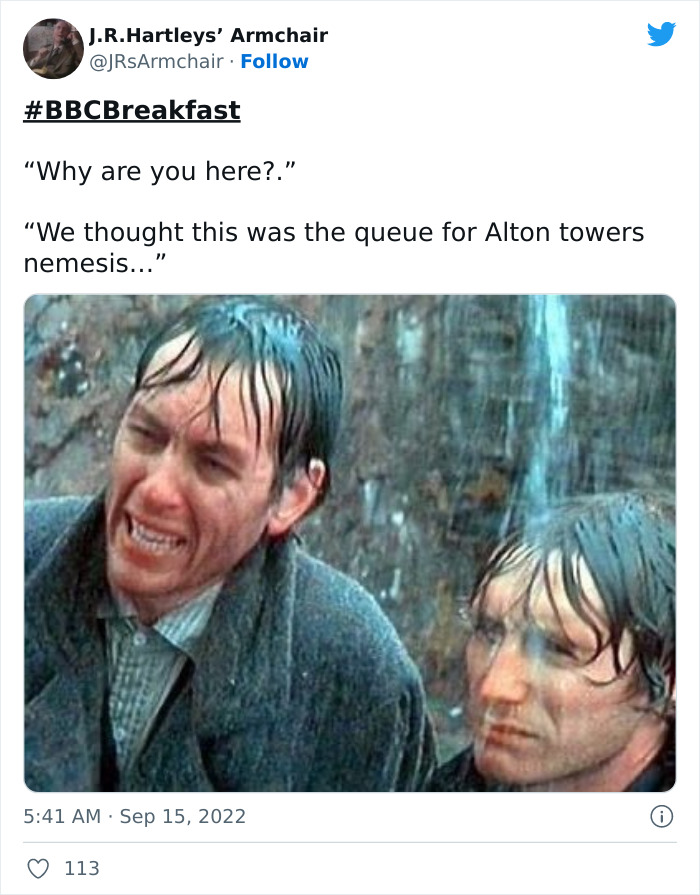 Meme image showing two drenched men reacting humorously to the very British queue for the Queen in state at Westminster.