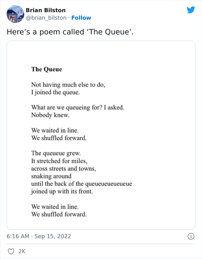 Poem titled The Queue shared on Twitter, humorously reflecting on the very British queue throughout London for the Queen.