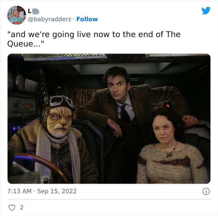 Scene from sci-fi show with three characters inside a vehicle, used as a meme about the British queue for the Queen's state viewing.