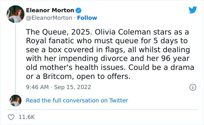 Tweet about a British queue in London where a woman waits five days to see the Queen in state at Westminster.